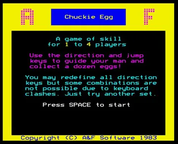 Chuckie Egg (1983)(A&F) screen shot title